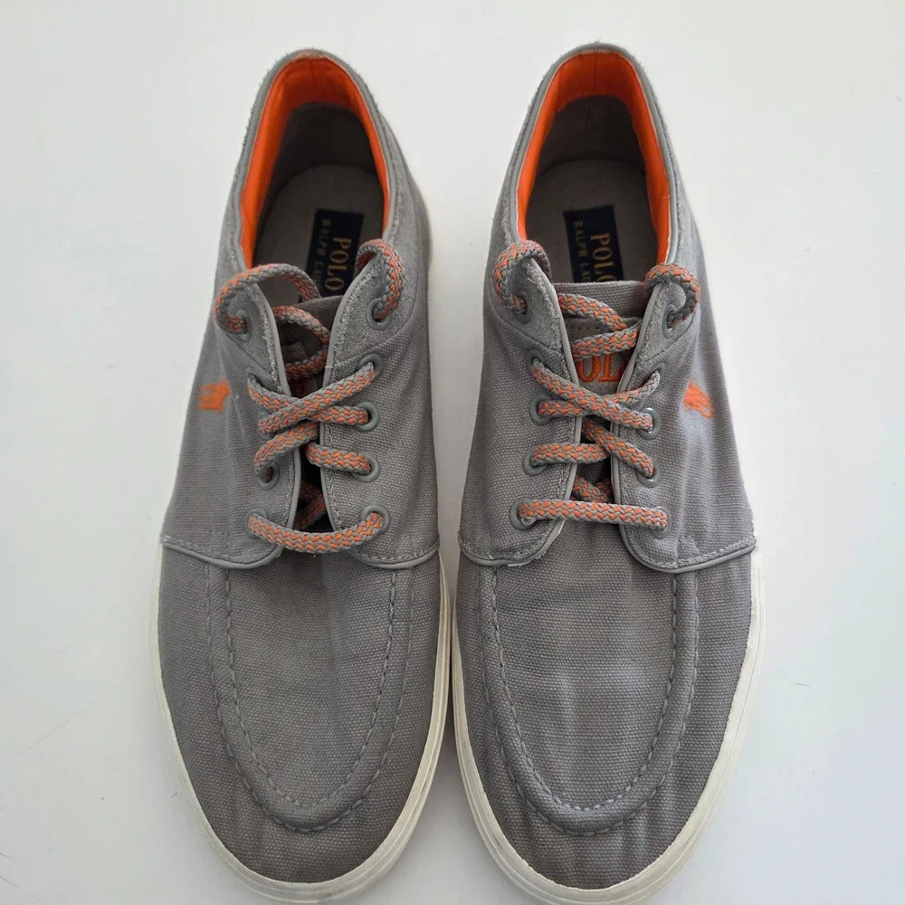 Polo Ralph‎ Lauren Boat Shoes Grey Orange Canvas Moc Toe Mens 10